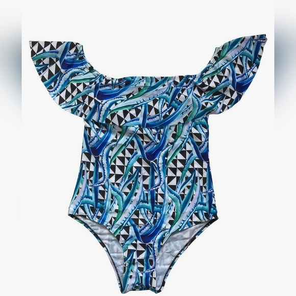 Women's RUFFLE NECK ONE PIECE SWIMWEAR M - Picture 2 of 8